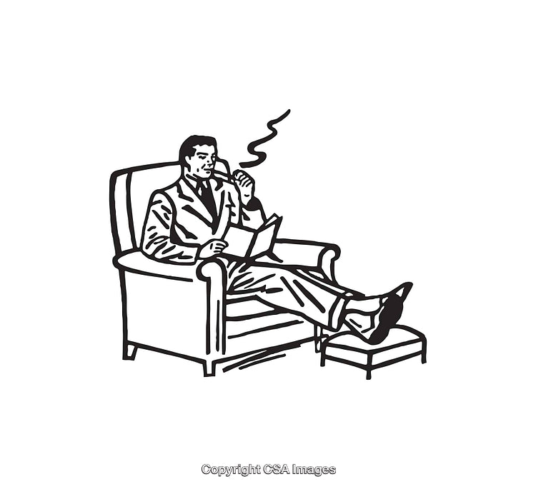 Man Relaxing in Armchair Reading a Book and Smoking a Pipe