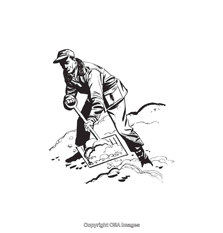 Vintage Black and White Illustration of Worker Shoveling Snow