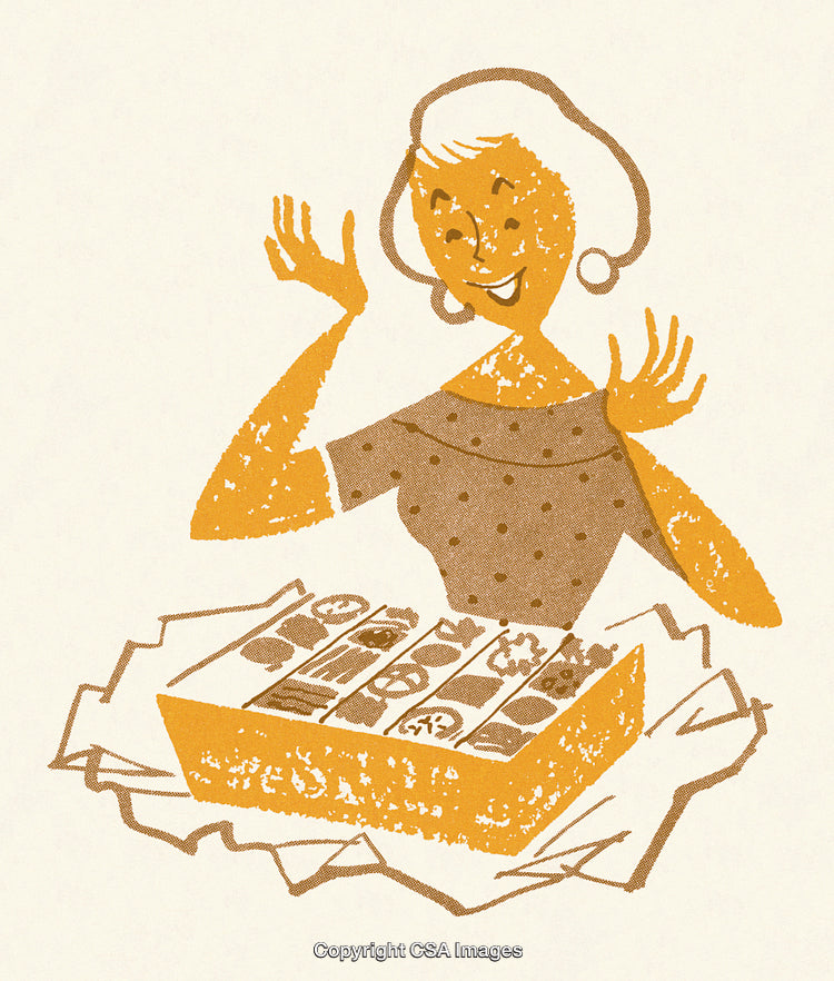Retro Artwork Depicting a Woman Enjoying a Box of Delicious Chocolates