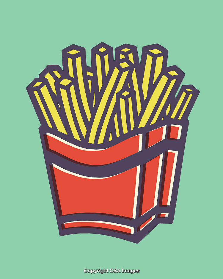 Bright Graphic Illustration of French Fries in a Red Box on Green Background