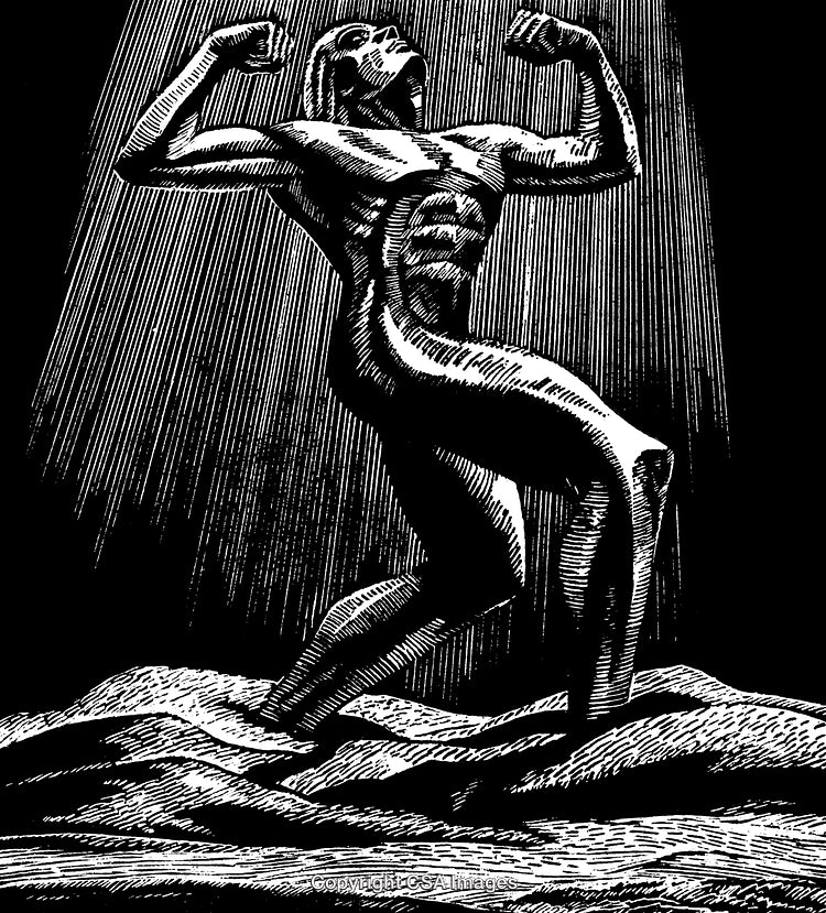 Belief and Strength Depicted in a Detailed Black and White Engraving