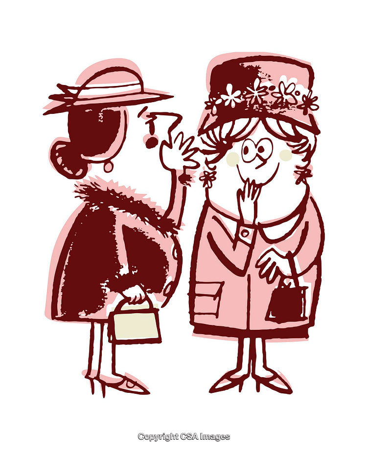 Whimsical Retro Illustration of Two Women Engaged in Lively Conversation