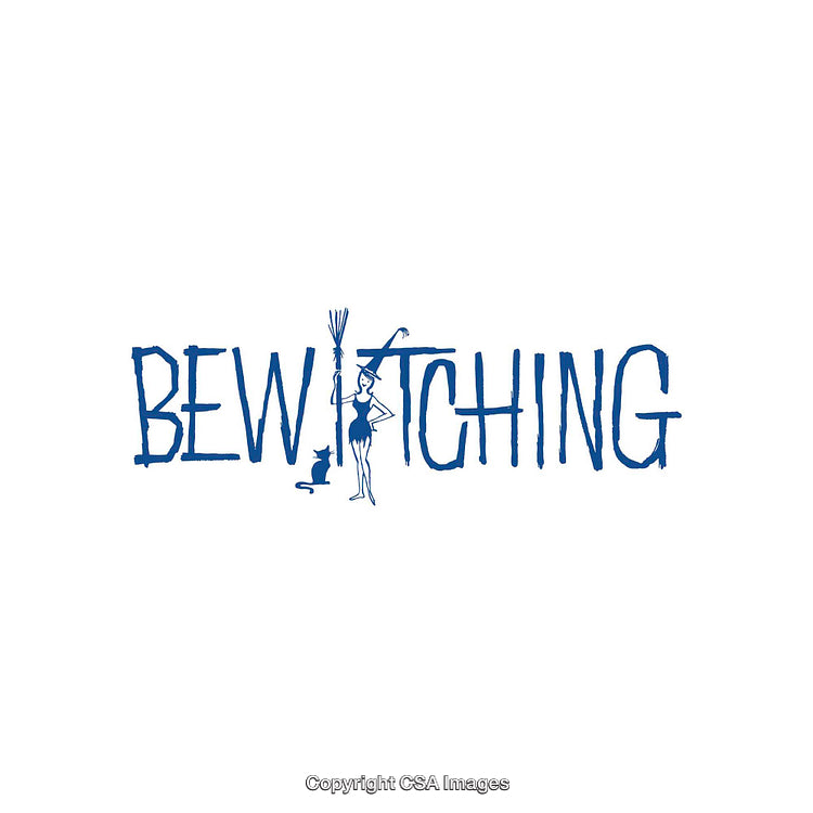 Bewitching Blue Text Design Featuring Witch and Cat Illustration