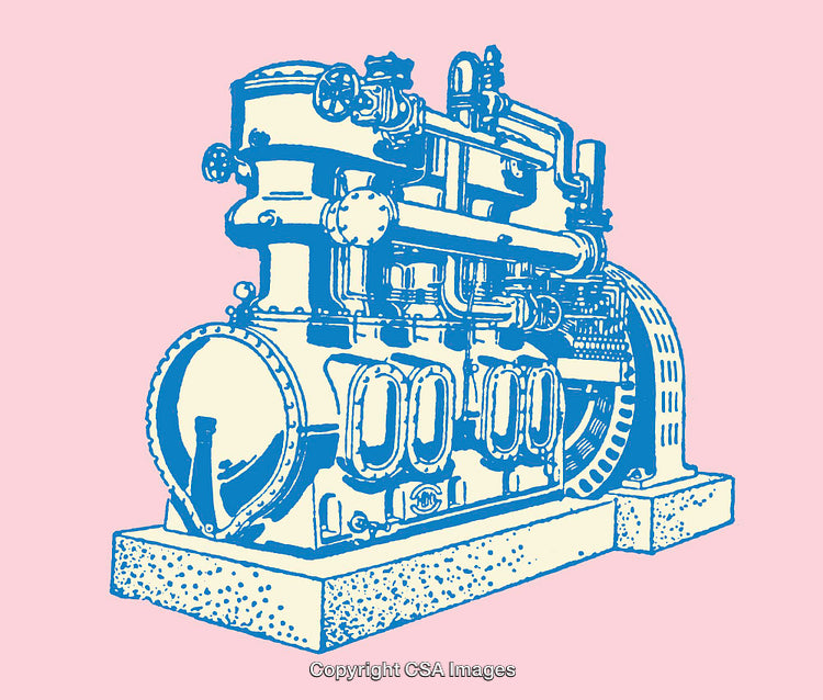 Vintage Blue Industrial Machine Drawing on Pink Background