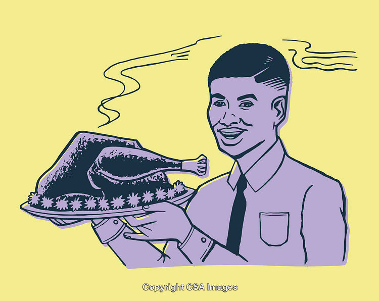 Colorful Line Art of a Person Presenting a Cooked Turkey on a Platter