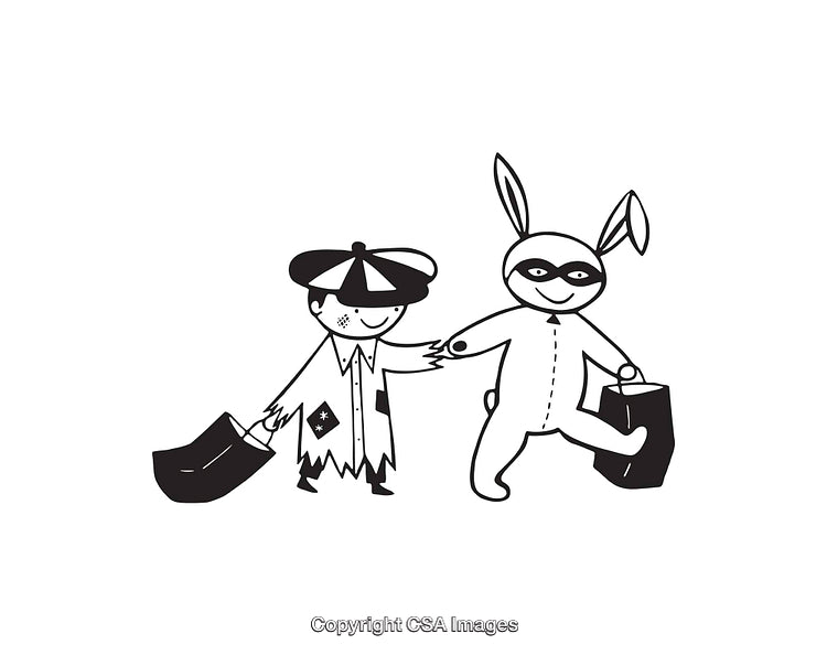 Black and White Line Art of Children Dressed in Costumes for Halloween