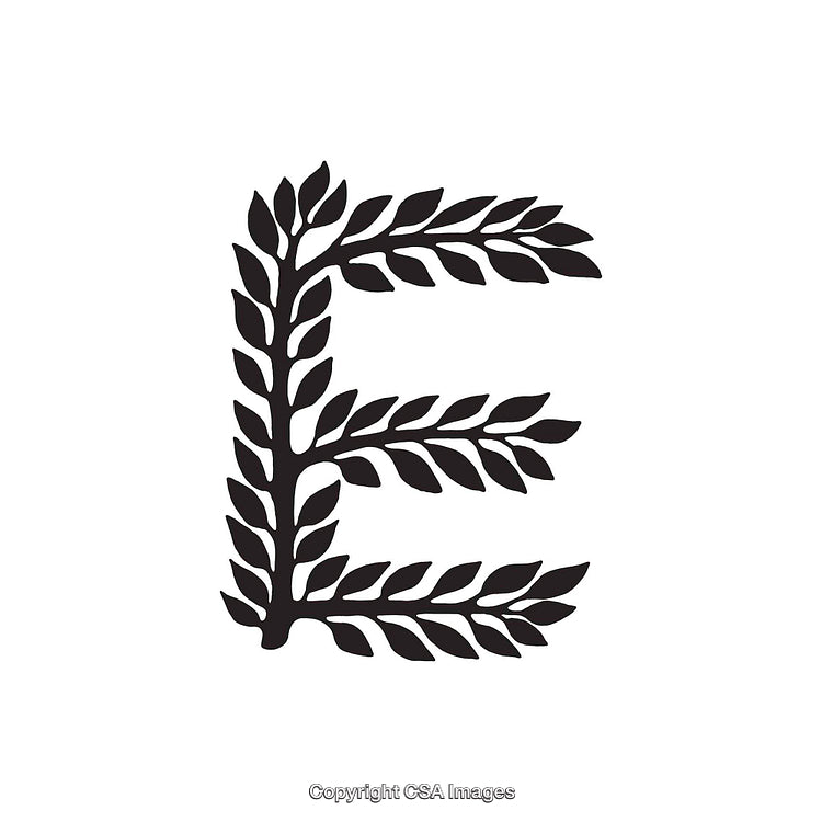 Capital Letter E in Decorative Black Leaf Pattern Design