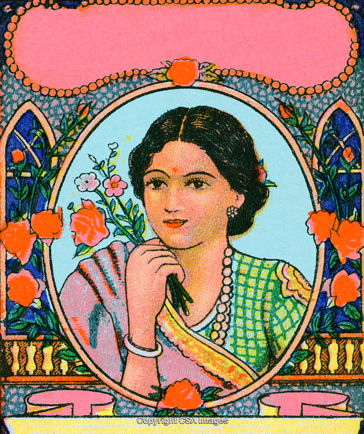 Vintage Illustration of a Thoughtful Woman in a Colorful Setting With Flowers