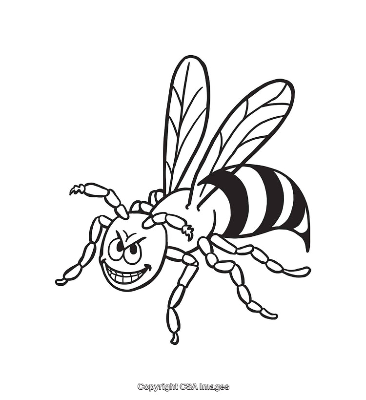 Smiling Cartoon Wasp Line Art Illustration With Black and White Details