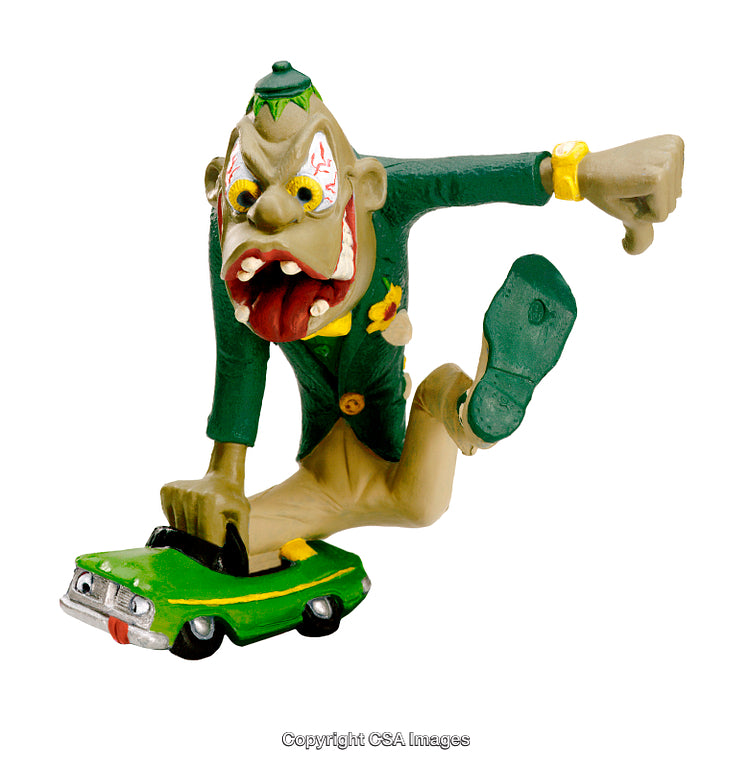 Whimsical Plastic Figure of a Character Riding a Green Toy Car
