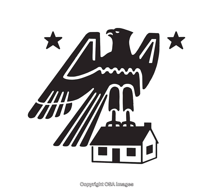 Black and White Illustration of Eagle Perched on House with Stars