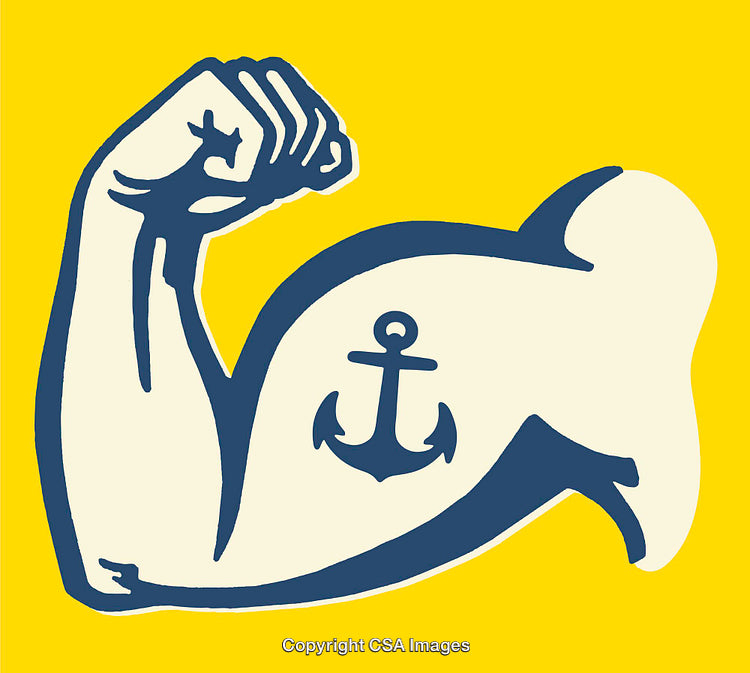 Stylized Line Art of Arm with Anchor Tattoo on Bold Yellow Background