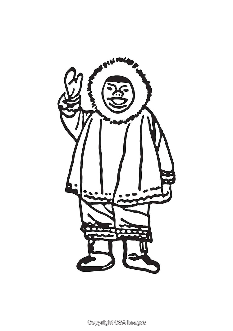 Black and White Line Art Illustration of Person in Traditional Winter Clothing