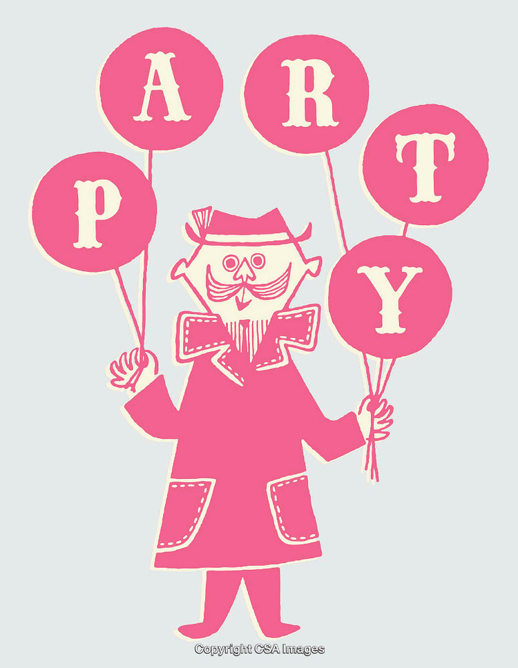 Whimsical Pink Figure Holding Balloons That Spell Party on Light Background