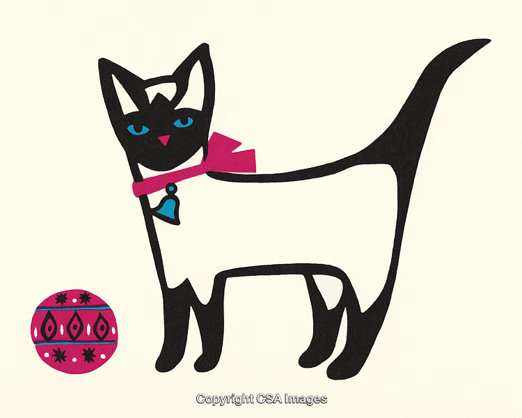 Stylized Cat Illustration With Vibrant Collar and Decorative Ornament Ball