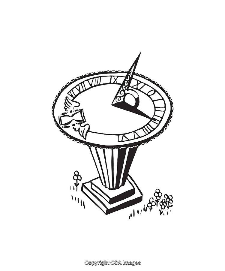 Elegant Sundial Illustration with Line Art Design and Botanical Details