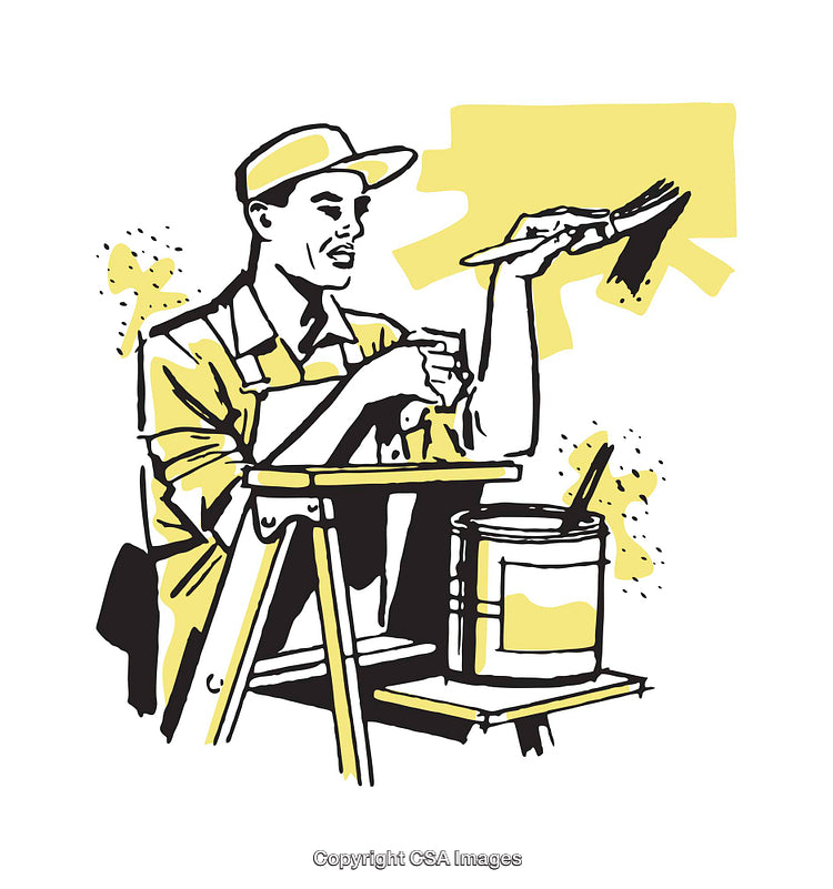 Worker Painting a Surface With a Brush and Paint Can