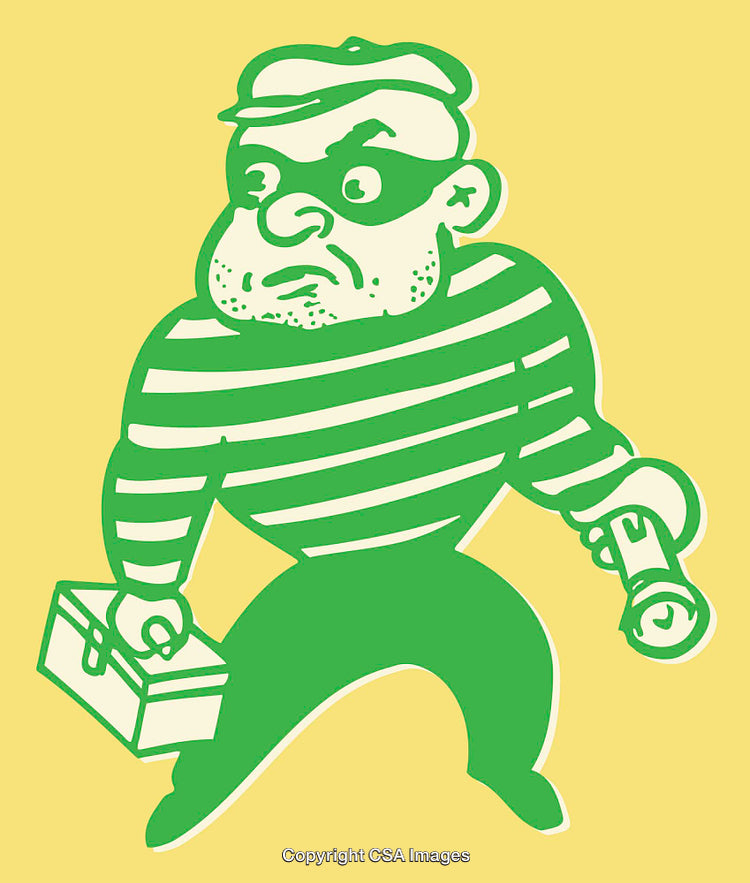 Cartoon Illustration of a Burglar Carrying a Toolbox and Flashlight