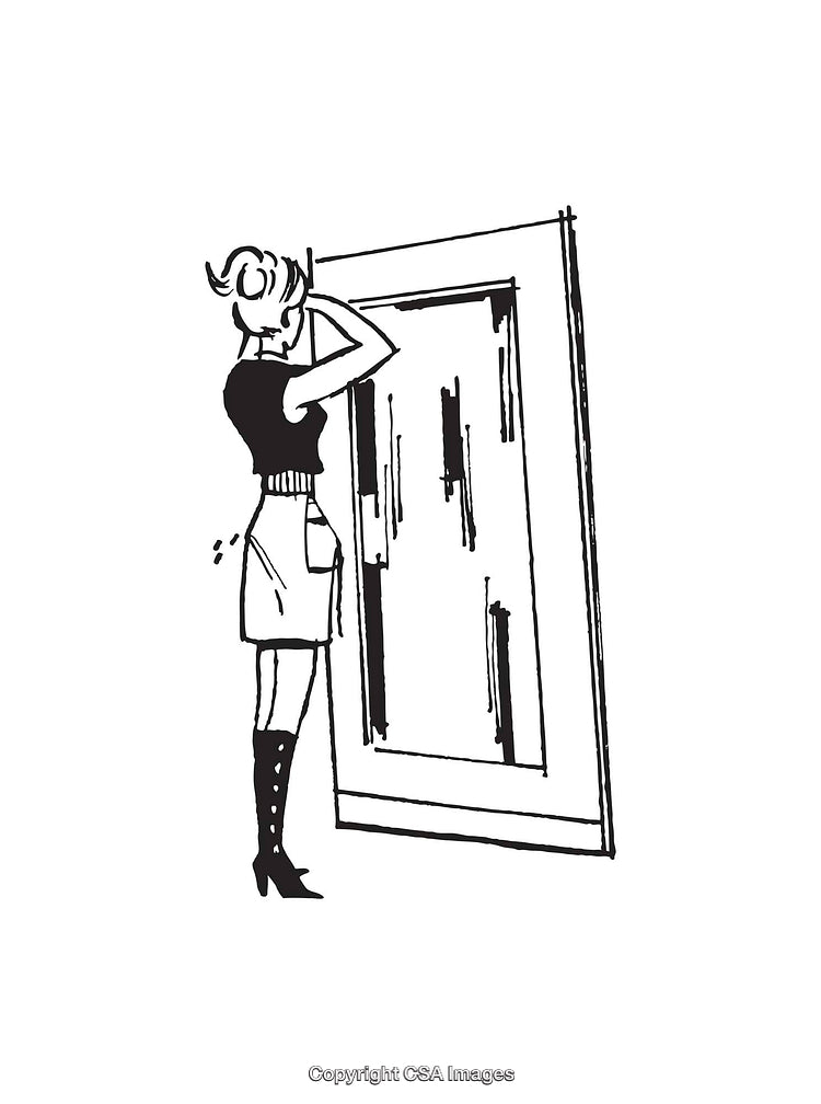 Black and White Line Art Illustration of a Woman Observing a Mirror