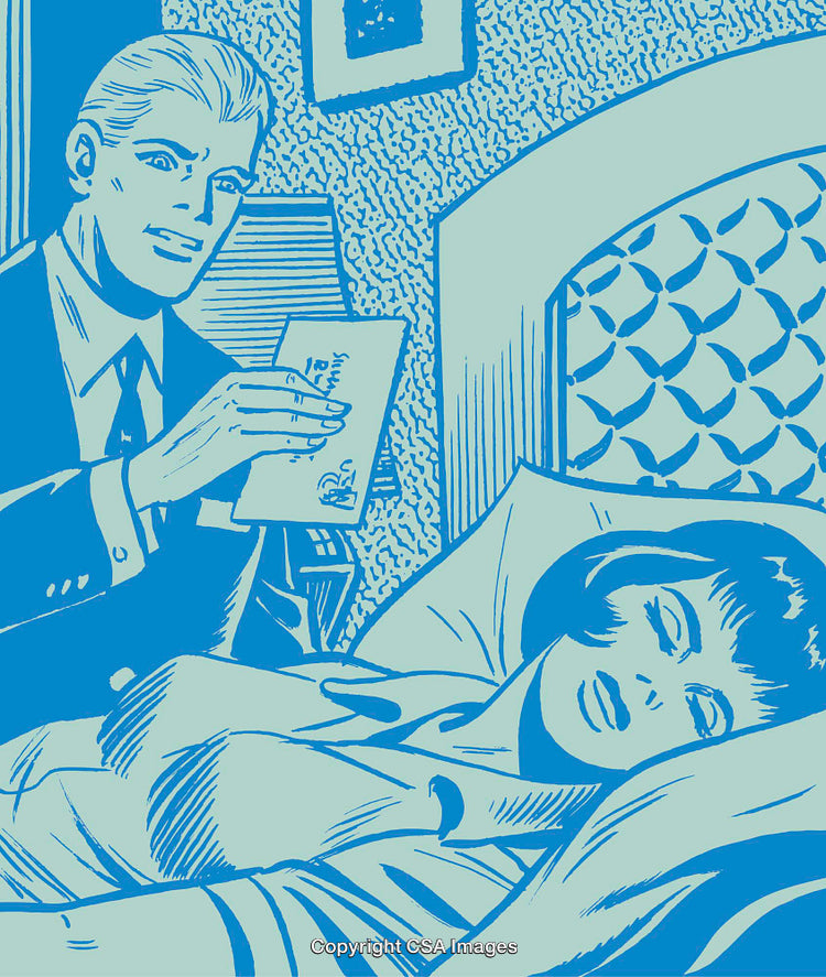 Retro Illustration of a Man Reading Near a Sleeping Woman in Vintage Style
