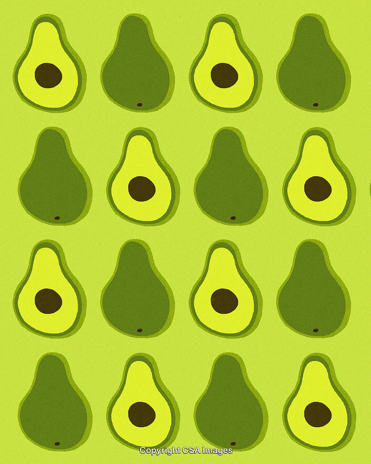 Seamless Pattern Featuring Stylized Green Avocado Halves and Whole Fruits