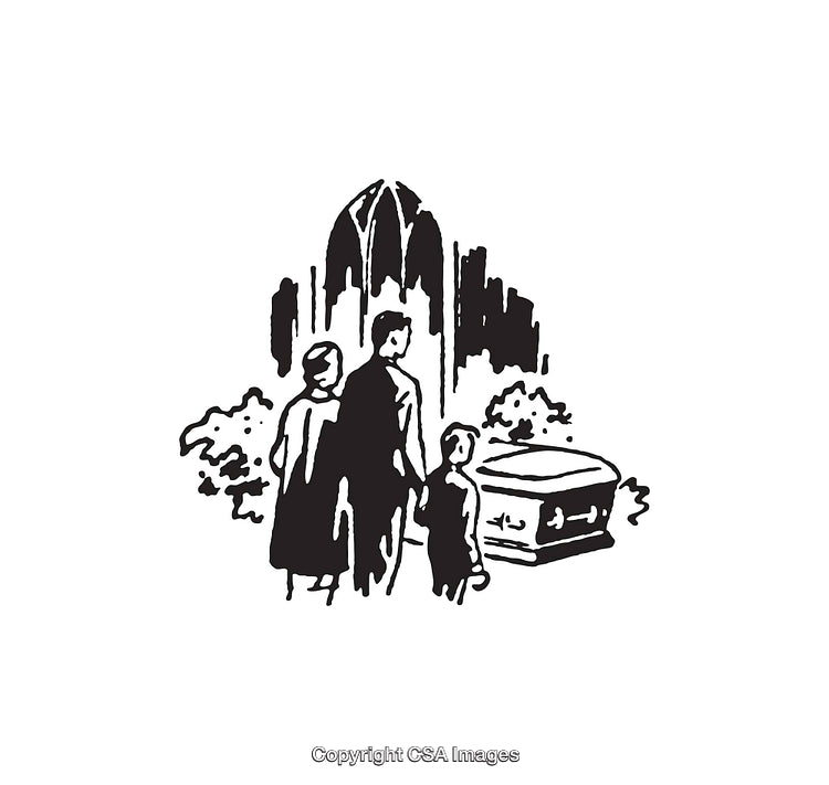 Black and White Line Art Depicting Family Gathering at a Cemetery