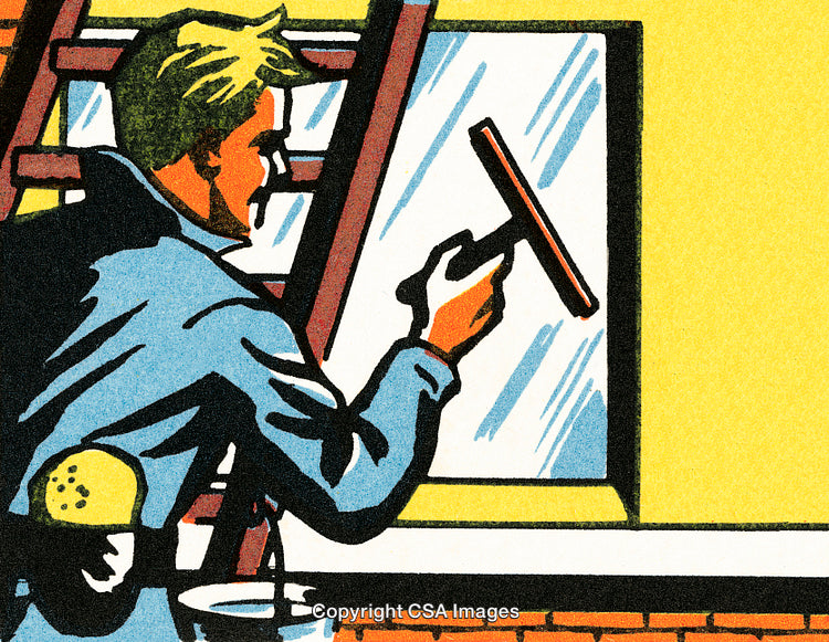 Man Cleaning a Window Using a Squeegee in Vintage Style Artwork