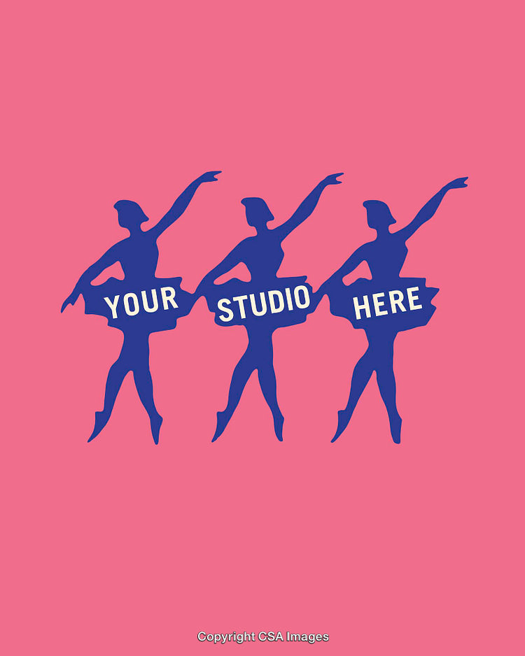 Three Ballet Dancers Silhouettes in Pink Background Promoting Studio Branding