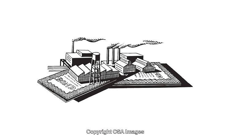 Industrial Line Art Depicting Bonds and Factory Chimneys With Smoke