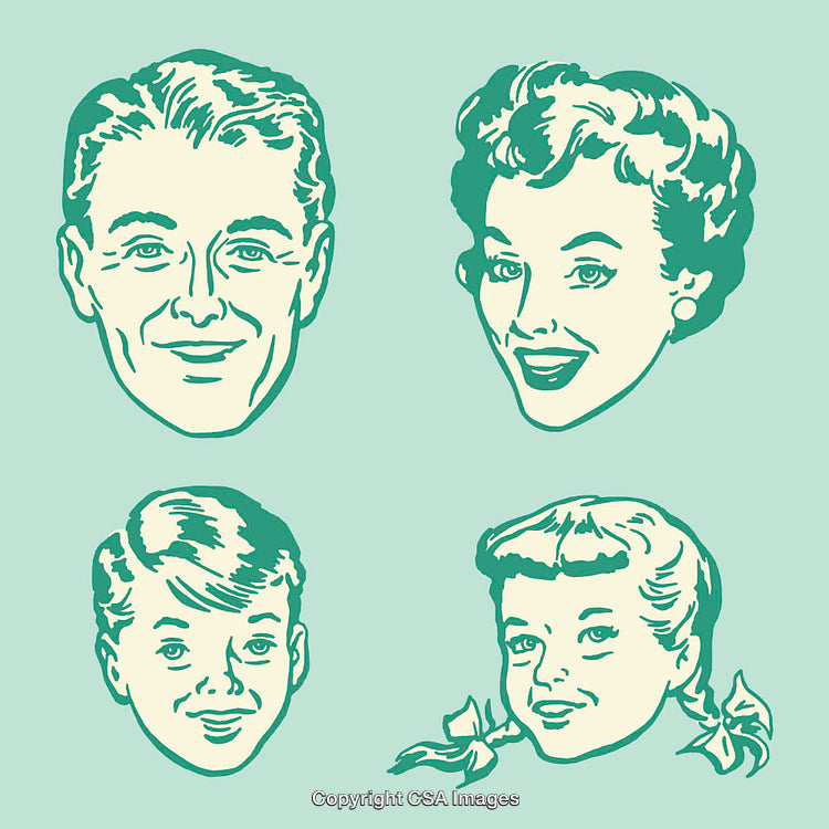 Retro Family Portrait with Four Illustrated Members in Color