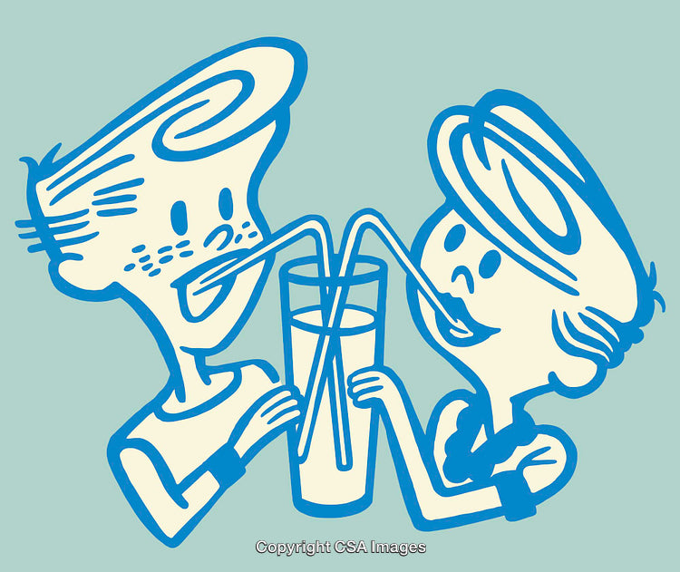 Two Friends Sharing a Milkshake Together Through Straws, Retro Line Art Style