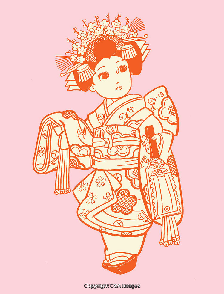 Traditional Japanese Kimono Illustration Featuring Floral and Ornamental Patterns