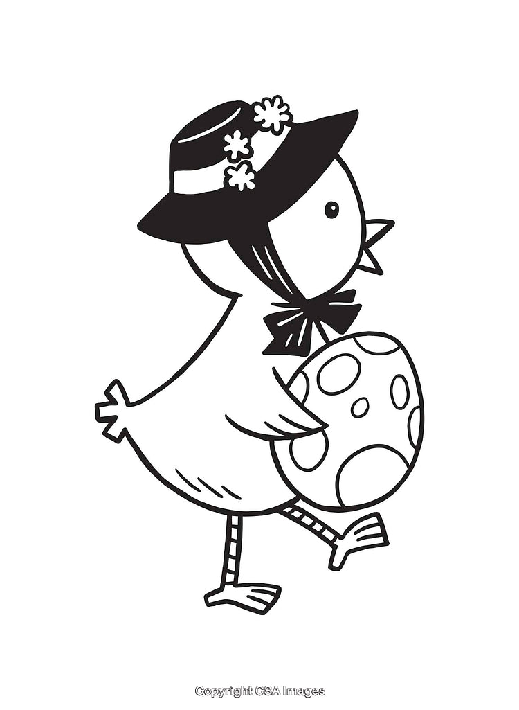 Cute Black And White Illustration of Chick Carrying An Easter Egg
