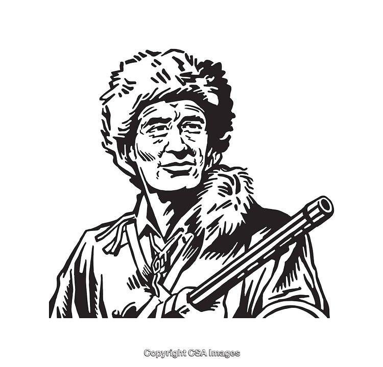 Black and White Illustration of a Fur-Hatted Explorer Holding a Musket