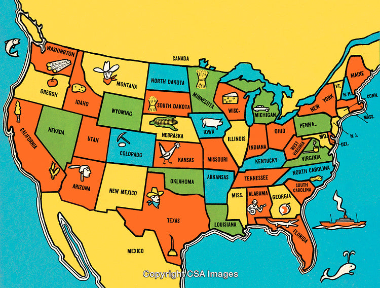 Illustrated United States Map Featuring Iconic State Symbols and Landmarks