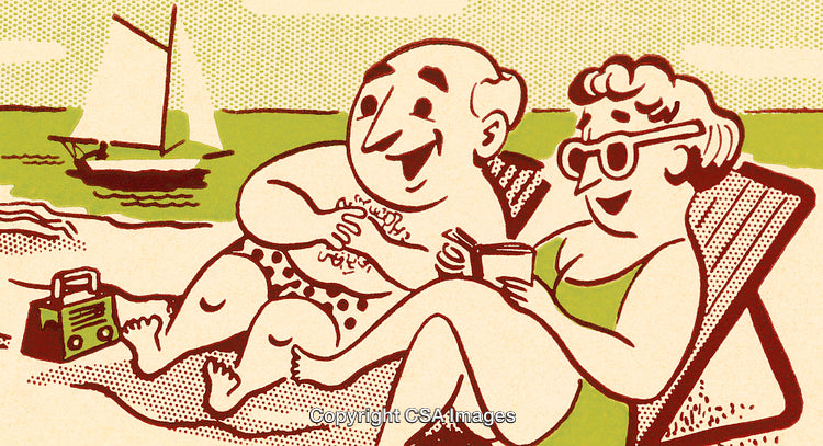 Vintage Illustration of Happy Couple Relaxing at the Beach with Sailboat