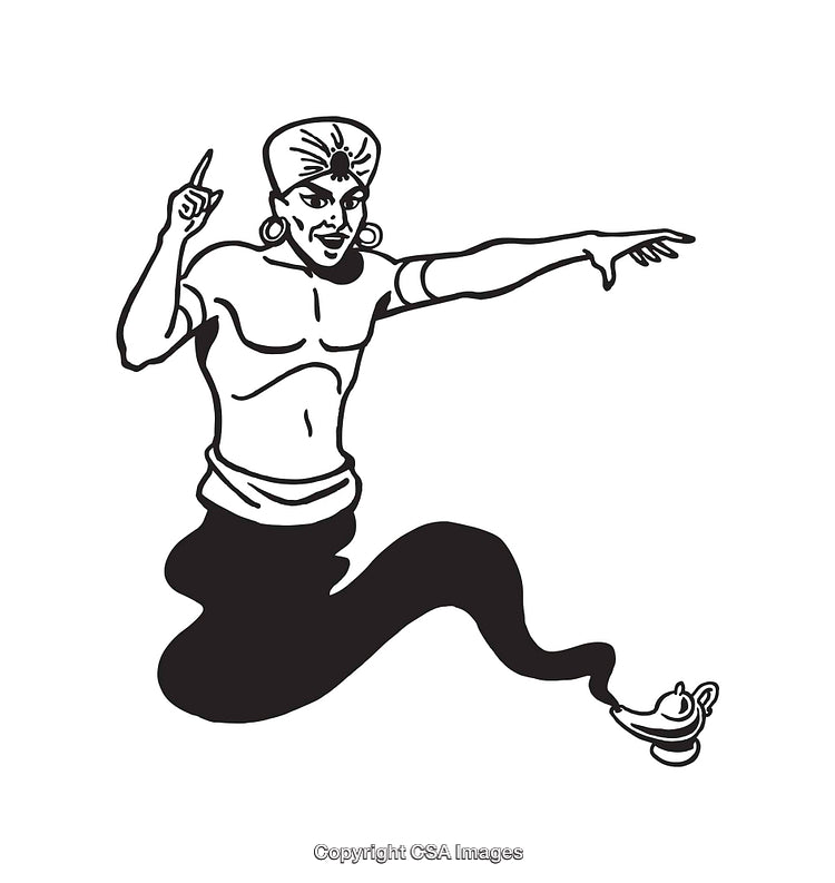 Black and White Genie Illustration Emerging from a Lamp