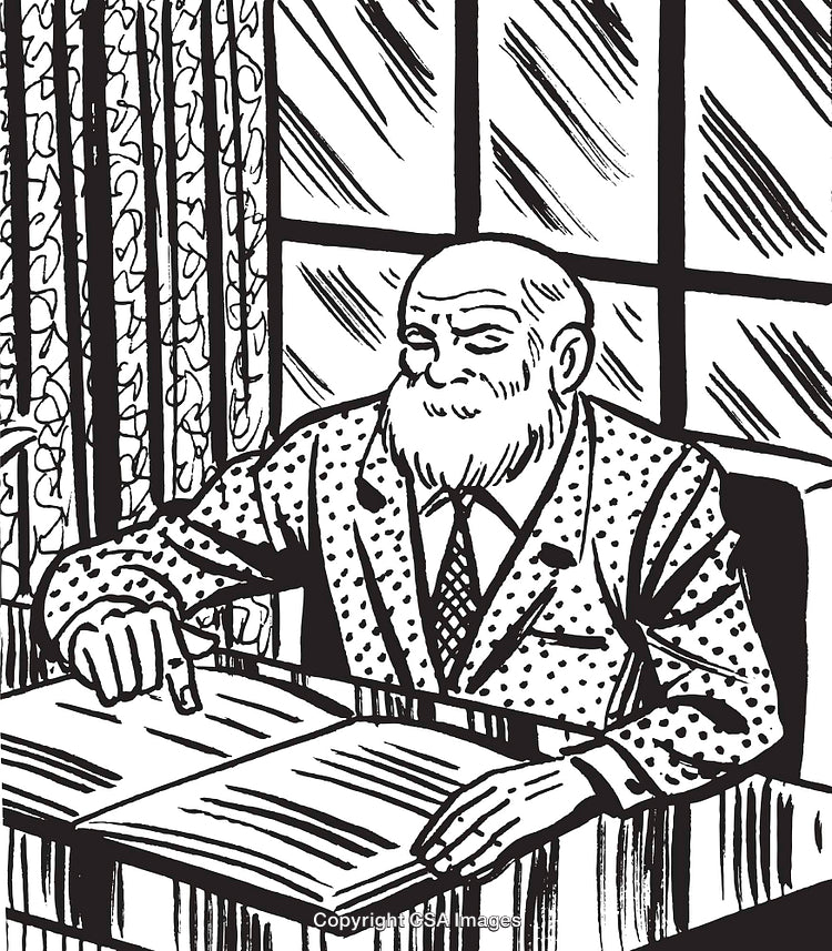 Black-and-White Illustration of a Bearded Man Reading a Book at a Desk