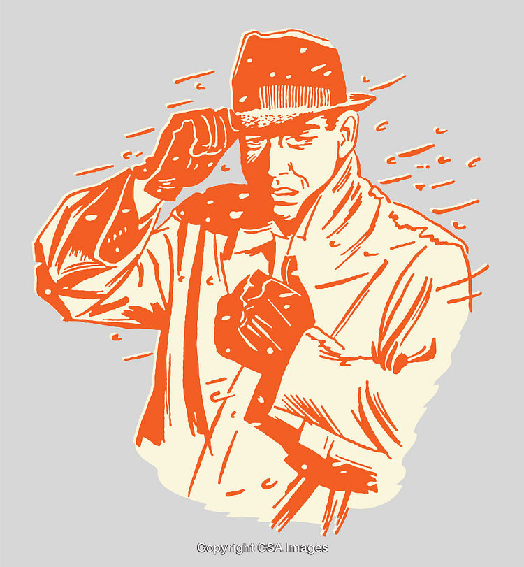 Retro Detective Illustration with Trench Coat and Hat in Styled Line Art