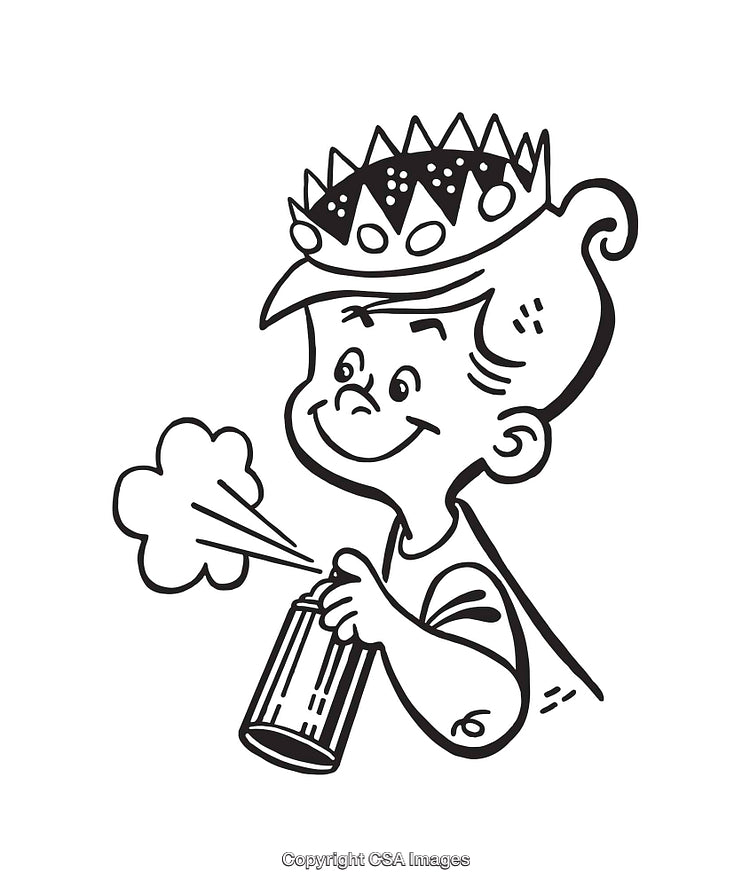 Black and White Illustration of a Smiling Boy With a Crown
