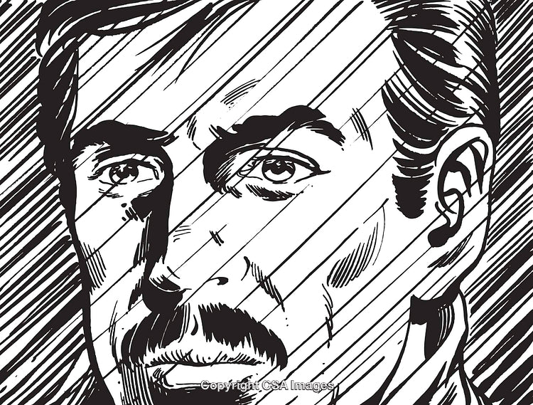 Illustration of a Thoughtful Man in Retro Styled Black and White Lines
