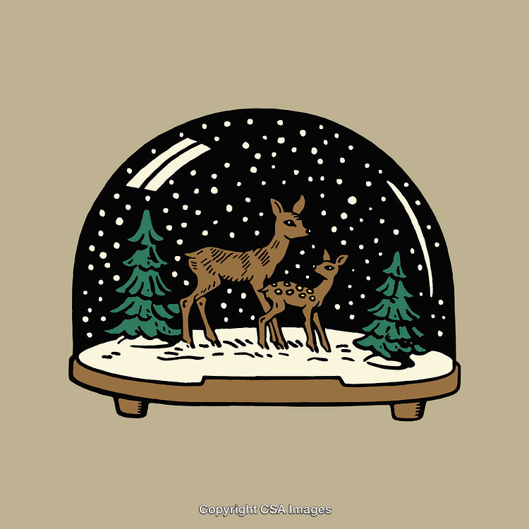 Snow Globe Illustration with Deer and Trees Under Falling Snow