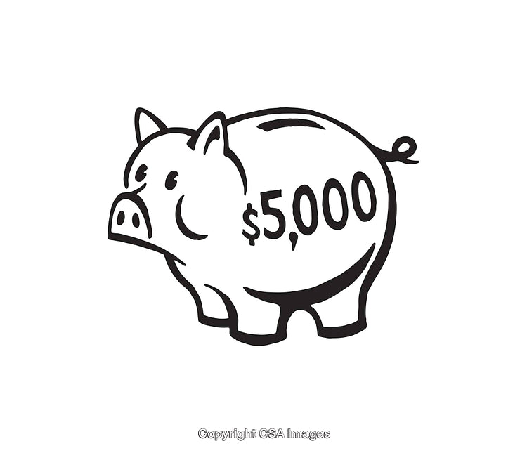 Black and White Line Art of Piggy Bank with $5000 Indicator