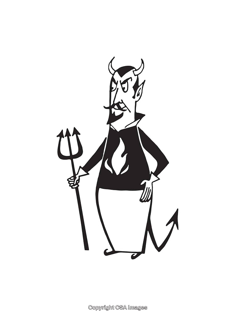 Cartoon Devil Character Illustration with Pitchfork and Flame Motif