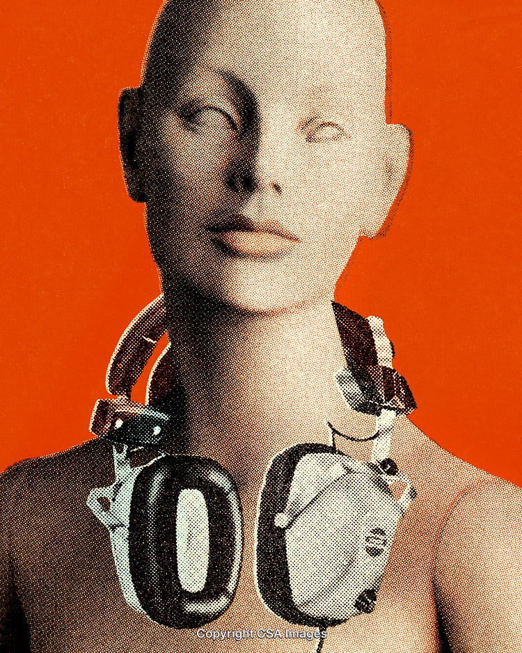 Modern Stylized Woman with Headphones on Bold Orange Background