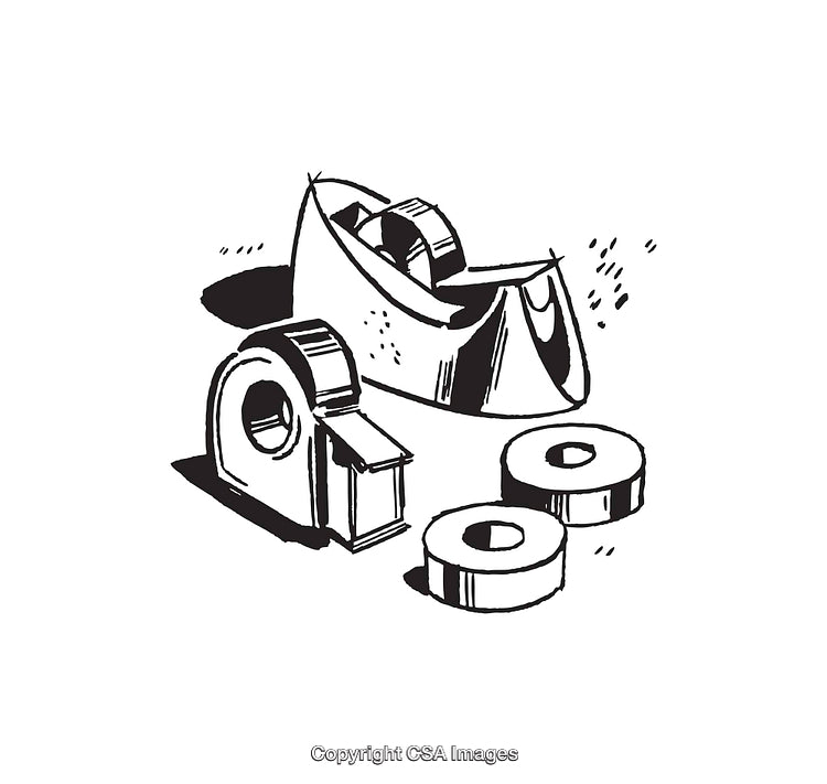 Black and White Line Art Depicting Tape and Dispenser Illustrations