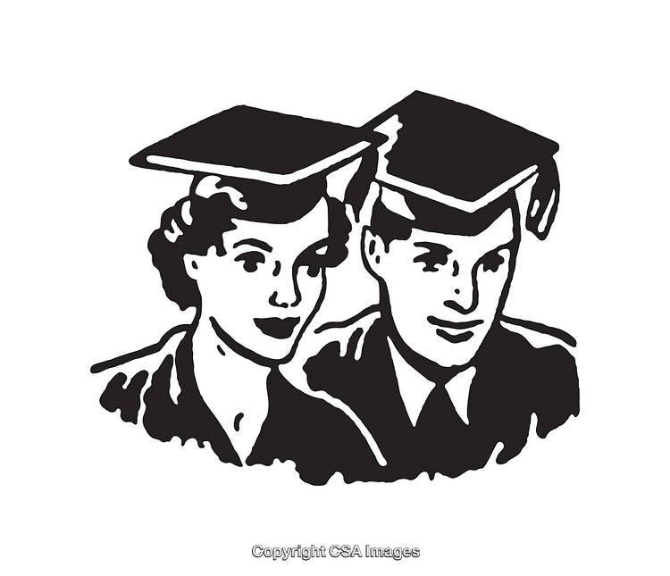 Black And White Illustration of Graduates in Cap and Gown
