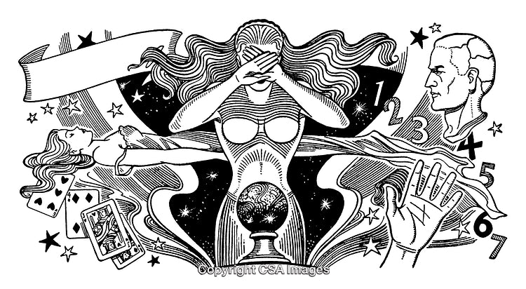 Mystical Artwork Featuring Tarot Cards, Astrology, and Symbolic Engraved Elements