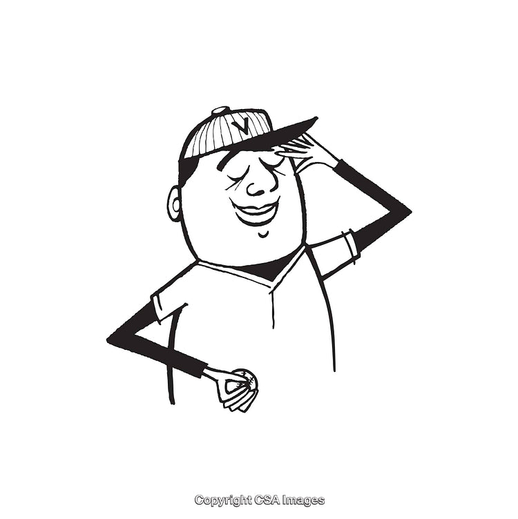 Black and White Line Art of a Smiling Character in a Cap