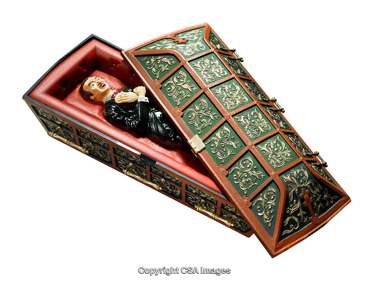 Detailed Decorative Coffin with Plastic Vampire Figure Inside